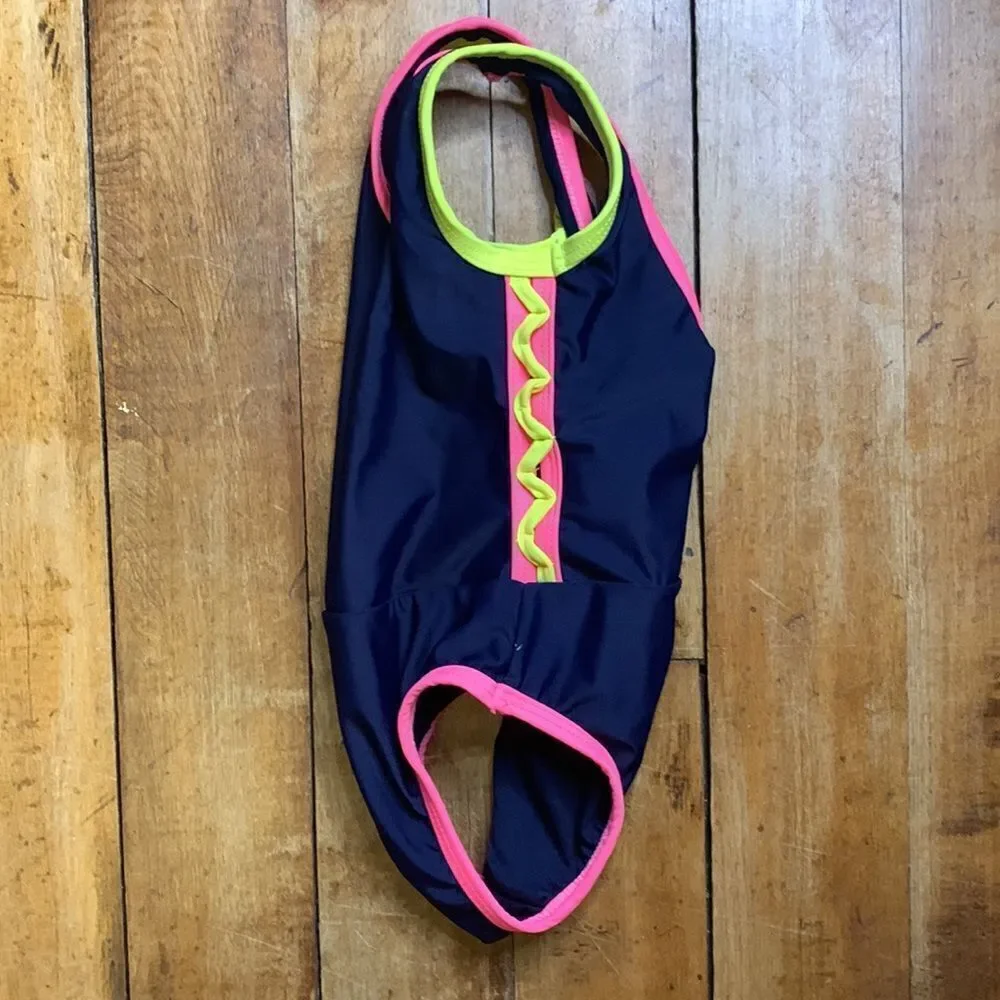 Gap bathing suit 18 to 24 months girls one piece navy blue pink neon trim